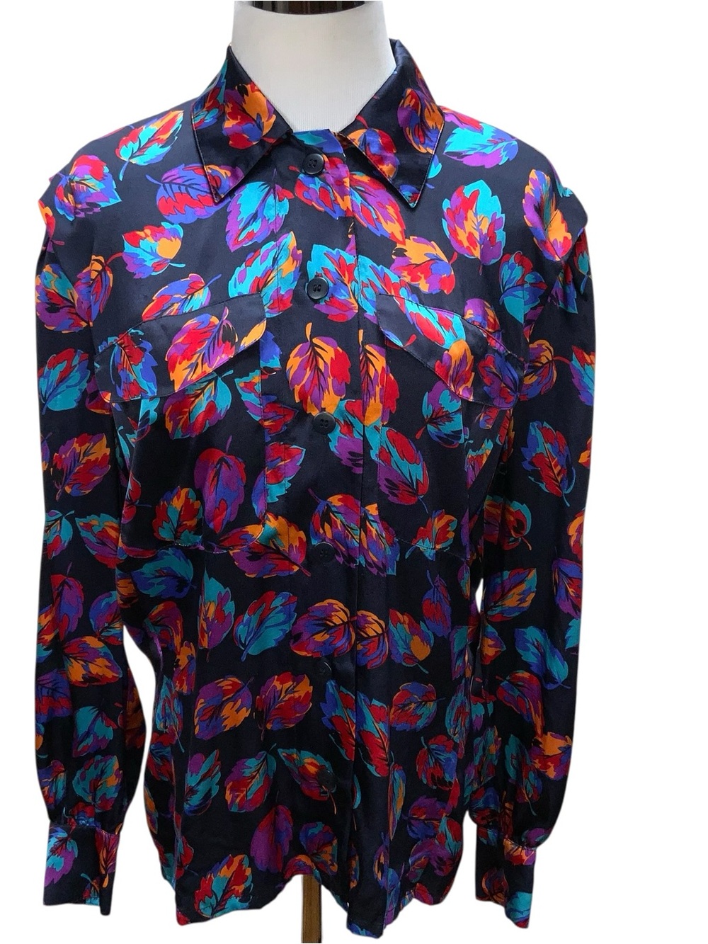 Vintage Escada Margaretha Ley Silk Blouse 36 Germany Multicolor Leaf Print Shirt